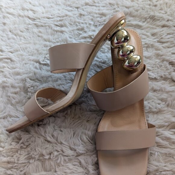 Beige faux leather sandals with gold ball heels - Picture 3 of 7